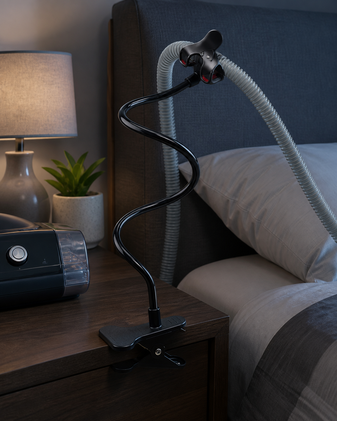 Drift clamped to a bedside nightstand holding a gray CPAP hose above the pillow